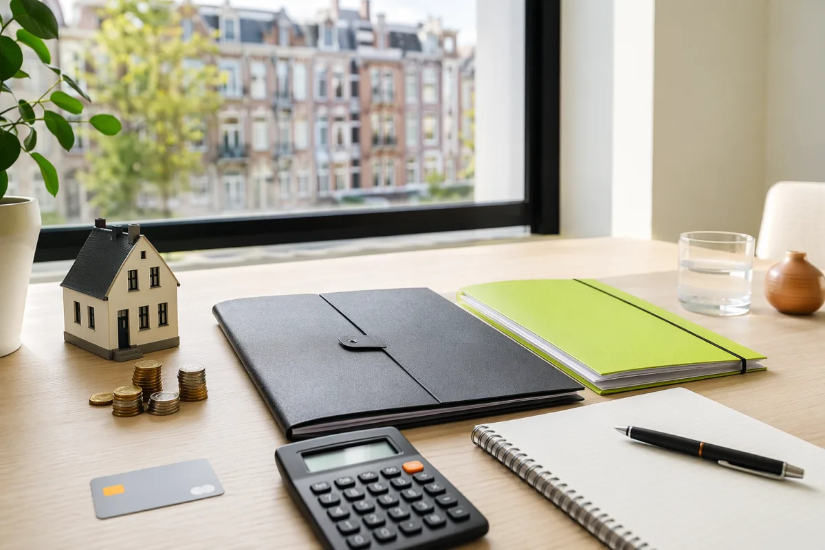 Editorial image of buyer-cost planning materials with a calculator, documents and a small model house.