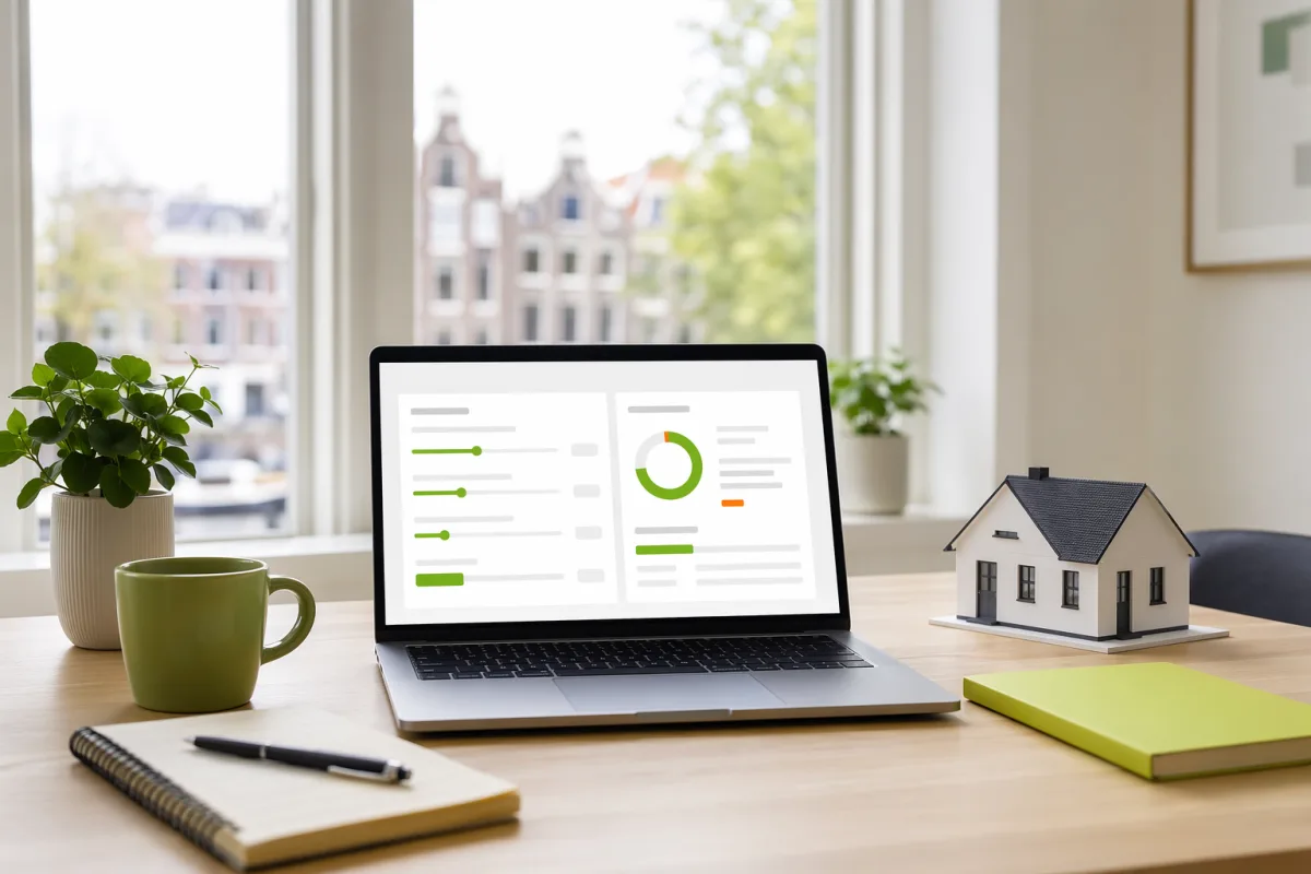 Editorial image of a Dutch mortgage calculation desk with a laptop, notebook and small model house.