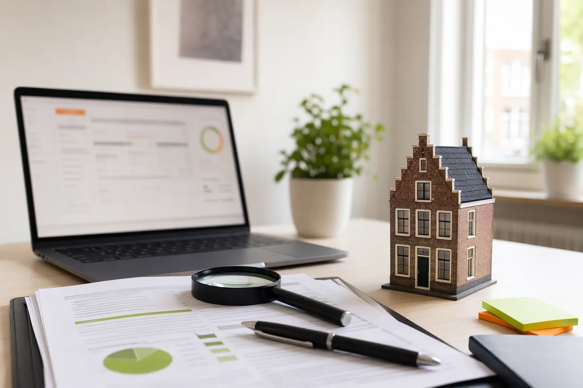 Editorial image of a mortgage estimate desk with documents, a laptop and a magnifying glass for checking details.