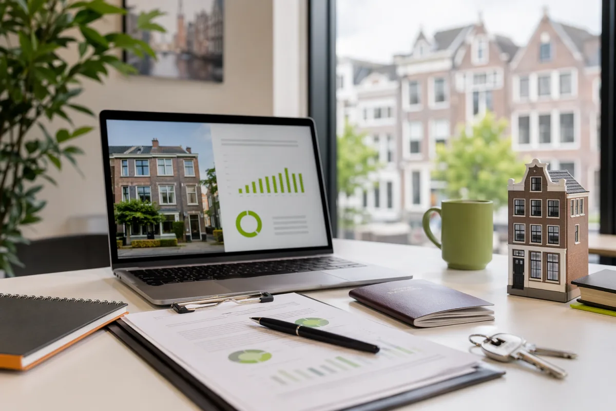 Editorial image of a Dutch home-buying planning desk with mortgage papers, keys and a model house.