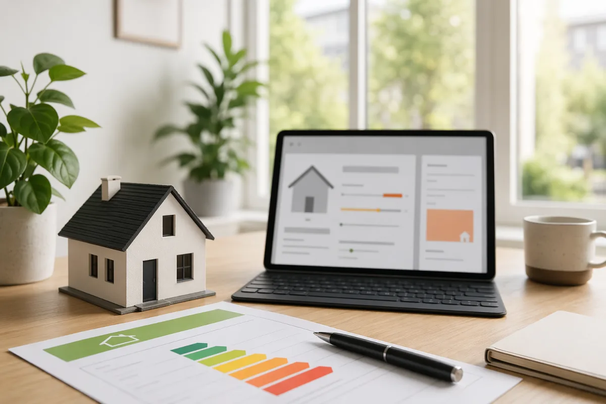 Editorial image of an energy-label and Dutch mortgage planning desk with a model house and laptop.